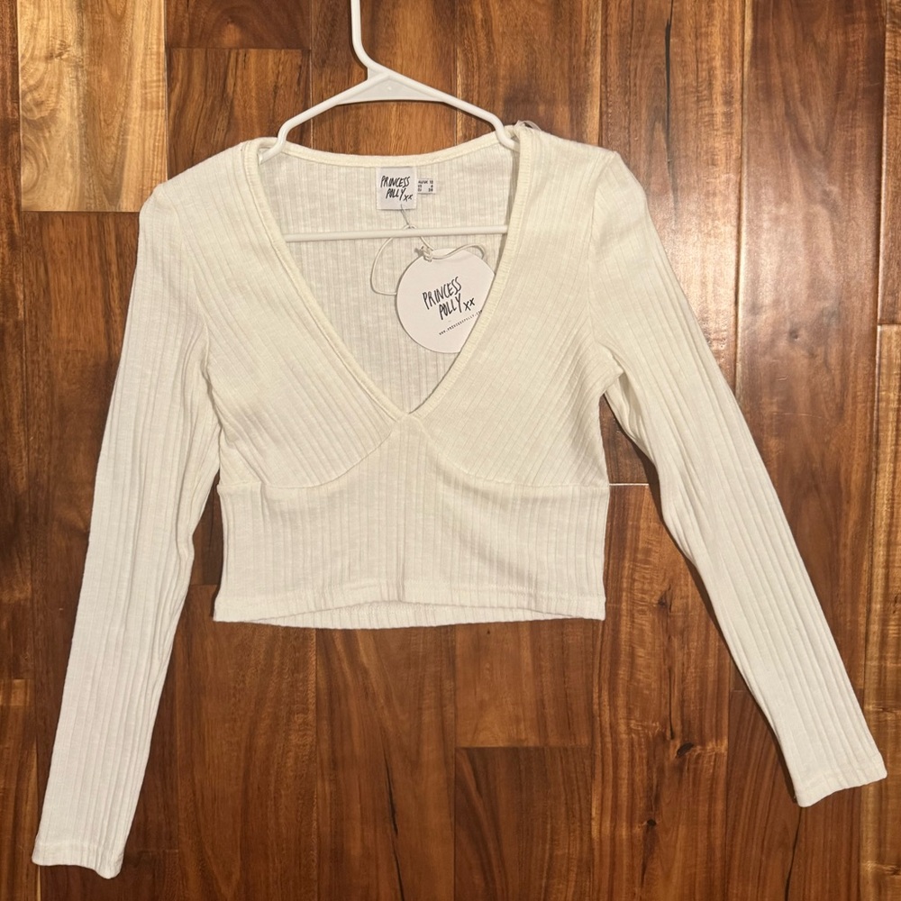 Princess Polly White Ribbed V-Neck Long Sleeve Crop Top